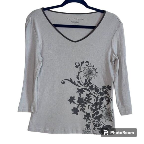 FRENCH LAUNDRY Womens Top Grey with Floral Graphic Design 3/4 Sleeve, Sz S - Picture 1 of 7